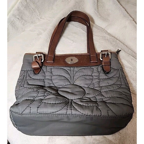 FOSSIL Bag Purse Keyper Gray Quilted Womens Tote Nylon Satchel Flower Design - Picture 1 of 15